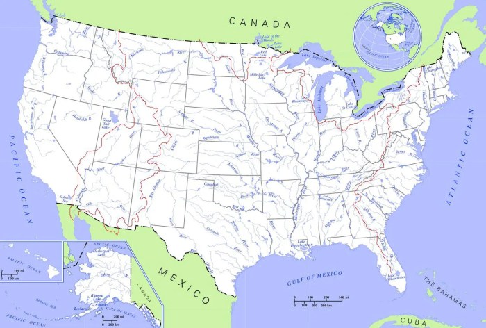 Map of the united states with rivers lakes and mountains