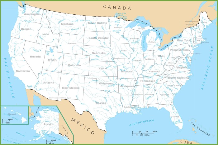 Map of the united states with rivers lakes and mountains